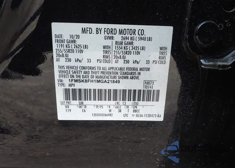 2021 Ford Explorer Limited из США, поврежденный, VIN 1FMSK8FH1MGA21849